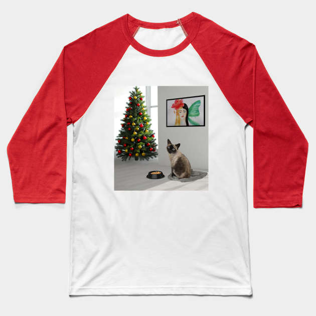 Siamese cat sitting in the white room with food and Christmas tree Baseball T-Shirt by Ammi